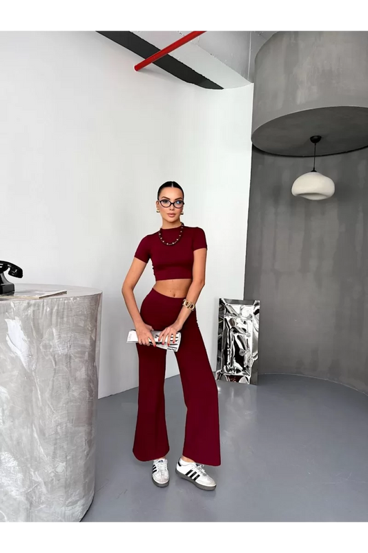 Osy Modal Yumuşak Dokulu Kumaş Kısa Kollu Crop Alt ispanyol Paça Pantalon ikili Takım