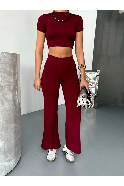 Osy Modal Yumuşak Dokulu Kumaş Kısa Kollu Crop Alt ispanyol Paça Pantalon ikili Takım