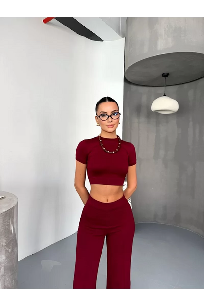 Osy Modal Yumuşak Dokulu Kumaş Kısa Kollu Crop Alt ispanyol Paça Pantalon ikili Takım