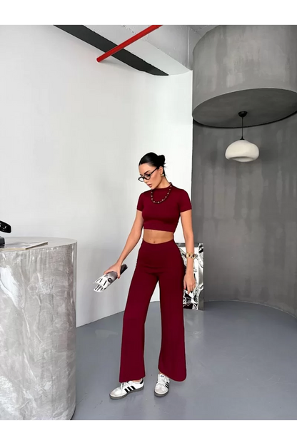 Osy Modal Yumuşak Dokulu Kumaş Kısa Kollu Crop Alt ispanyol Paça Pantalon ikili Takım