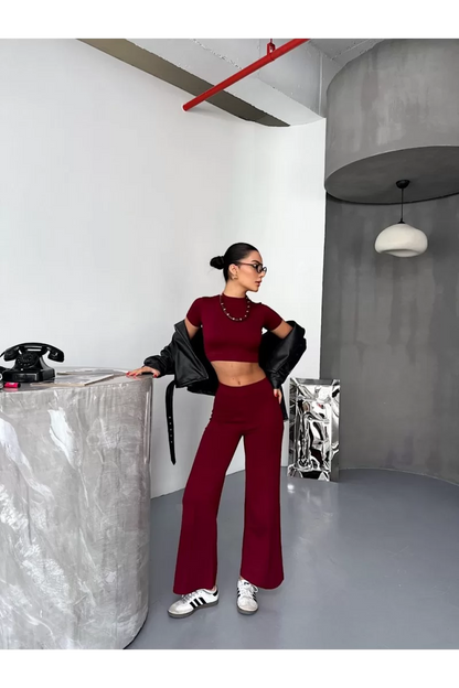 Osy Modal Yumuşak Dokulu Kumaş Kısa Kollu Crop Alt ispanyol Paça Pantalon ikili Takım