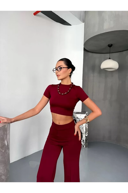Osy Modal Yumuşak Dokulu Kumaş Kısa Kollu Crop Alt ispanyol Paça Pantalon ikili Takım