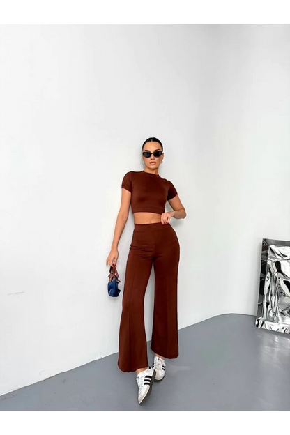 Osy Modal Yumuşak Dokulu Kumaş Kısa Kollu Crop Alt ispanyol Paça Pantalon ikili Takım