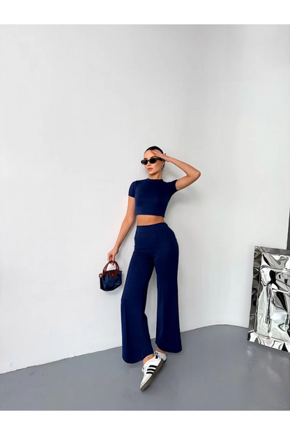 Osy Modal Yumuşak Dokulu Kumaş Kısa Kollu Crop Alt ispanyol Paça Pantalon ikili Takım