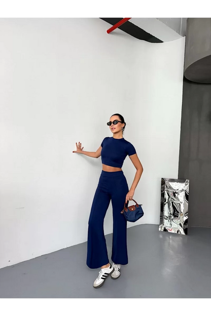 Osy Modal Yumuşak Dokulu Kumaş Kısa Kollu Crop Alt ispanyol Paça Pantalon ikili Takım